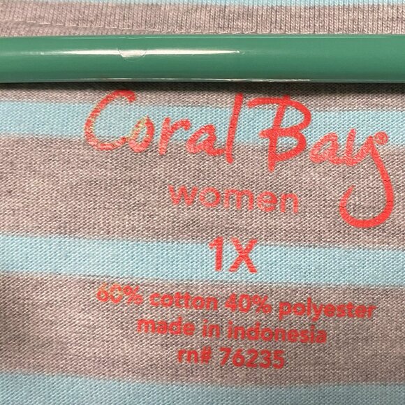 Coral Bay, long sleeve, gray & mint green striped tunic w/front tie, size 1X - Picture 8 of 10